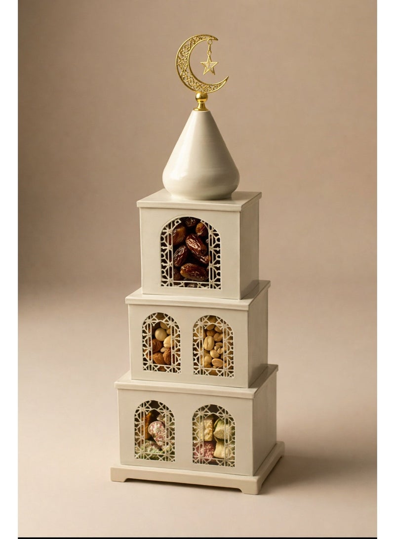 Tanseeq Beige Metal Mosque Tiered Box for Ramadan Dates and Sweets Serving Station - Islamic Home Decoration Eid Mubarak Gift Centerpiece Table Decor 3 Level Storage Container Minaret Sculpture - Image 3